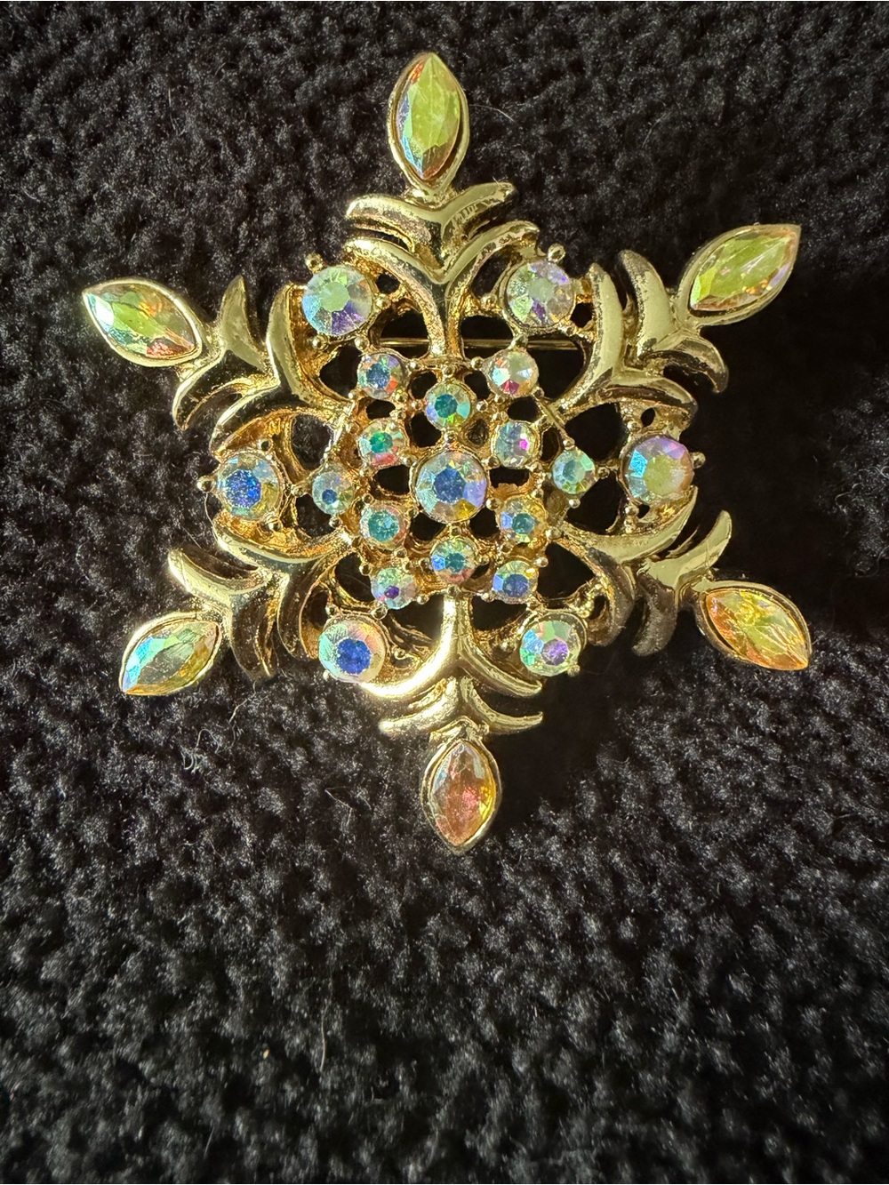 Vintage 90’s Snowflake Gold tone & Aurora Borealis Rhinestone Brooch